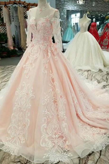 Pink Tulle Appliques Long Sleeve High Neck With Beading Wedding Princess Dress