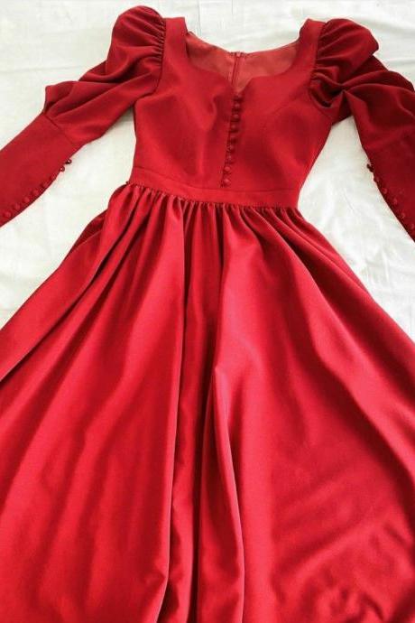 Red Prom Dress Long Sleeve Floor Length Evening Dress