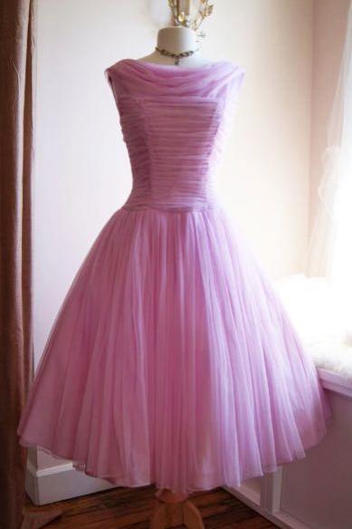 Vintage Cowl Neck Pink Tulle Homecoming Dress With Pleats