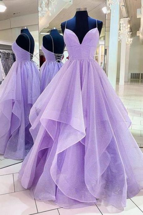 Purple V Neck Tulle Sequin Long Prom Dress, Purple Evening Dress