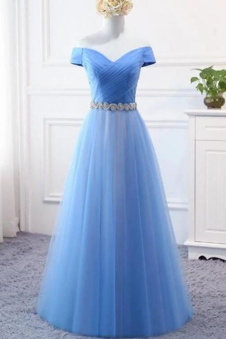 A-line Long Tulle Blue Off Shoulder Party Dress, Blue Prom Gown