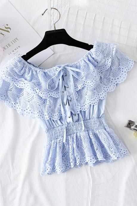 Romantic short-sleeved lace top women's tops