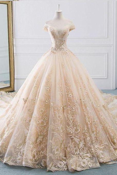 Unique Champagne Tulle Lace Long Wedding Dress, Bridal Gown