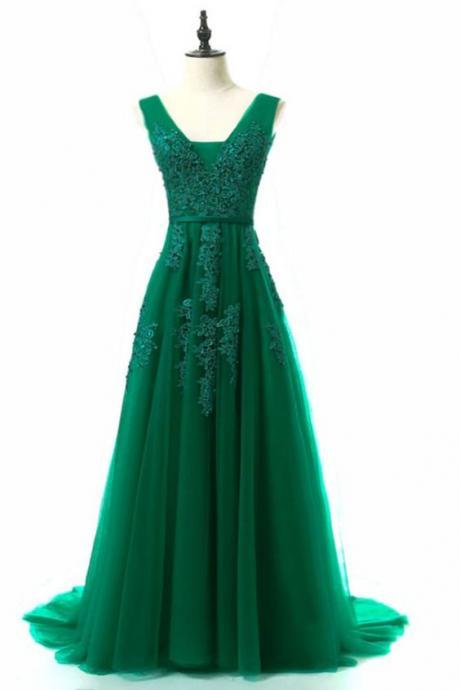 A-line Tulle Green Long Bridesmiad Dresses With Mesh Insert