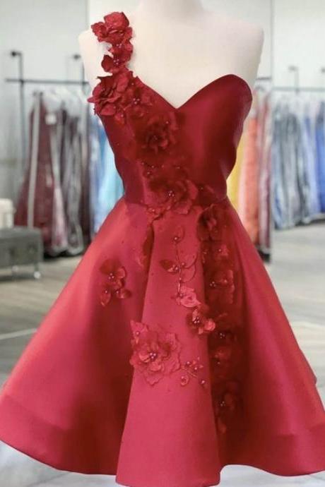 One Shoulder Short Burgundy Satin Prom Dresses, Wine Red Short Floral Formal Graduation Dresses