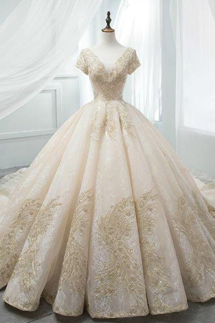 Champagne Ball Gown V-neck Backless Tulle Appliques With Beaded Wedding Dress