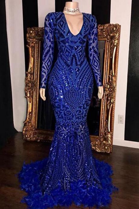 Beautiful Mermaid Royal Blue Deep V-neck Long Sleeves Sequined Prom Dresses
