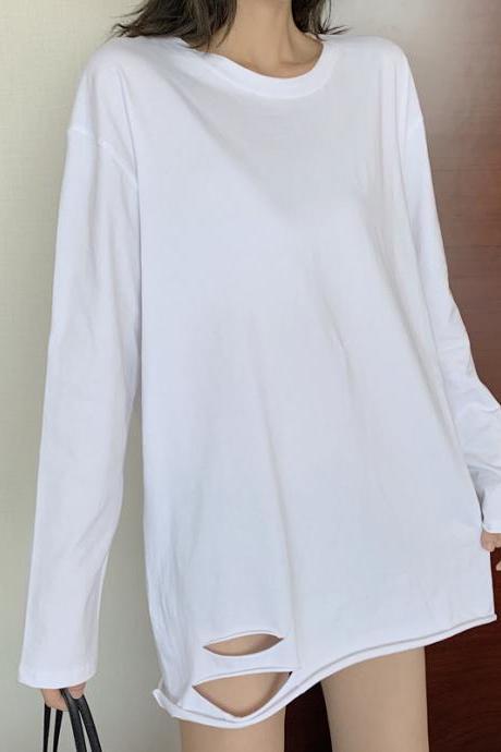 White Round Neck Long Sleeve T-shirt