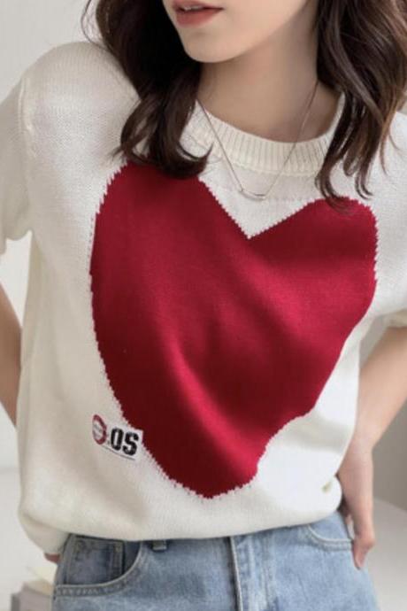 Cute Heart Knitted Short Sleeve Top