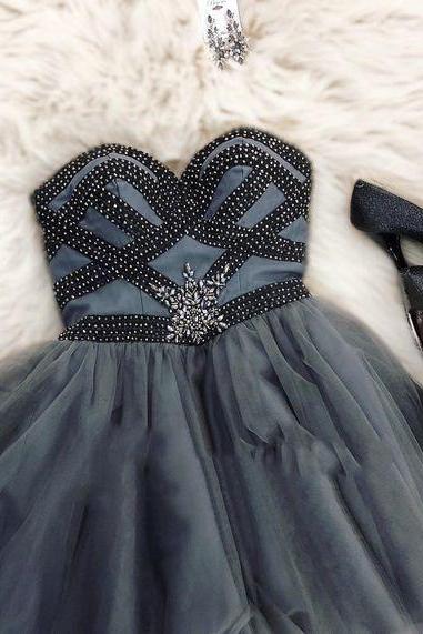 Dark Grey Strapless Sweetheart Beading A Line Tulle Pleated Short Homecoming Dresses