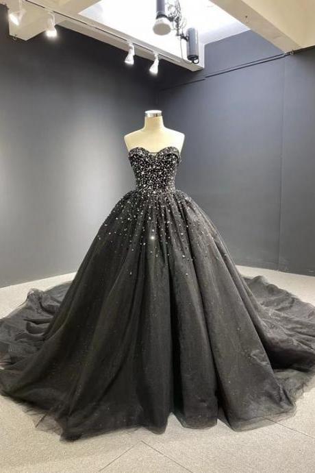 Cathedral Train Black Ball Gown Strapless Beaded Prom Dresses