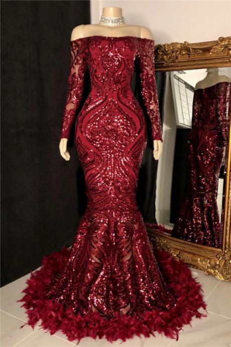 Black Girl Prom Dress Off The Shoulder Burgundy Prom Dresses With Feather Long Sleeve Sparkle Lace Mermaid Evening Gowns