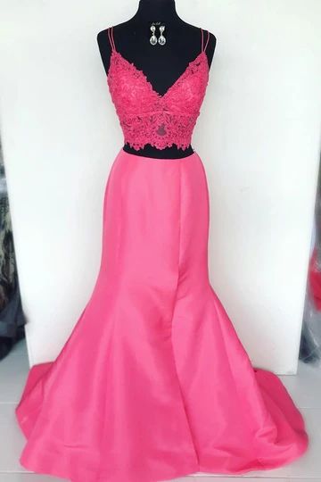 Two Piece Mermaid Appliques Pink Long Prom Dress