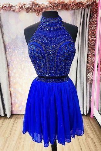 Royal Blue Beaded Short Homecoming Dress, Two Piece Homecoming Dresses