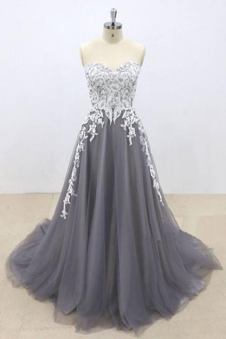 Dark Gray Tulle Ivory Lace Sweetheart Neckline A Line Pageant Prom Dress, Evening Gown