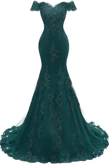 Women's Off Shoulder Evening Gown Lace Mermaid Beading Sequins Appliques Prom Dresses