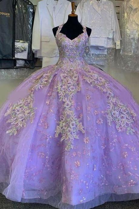 Light Purple Ball Gown Quinceanera Dresses Applique Beaded Sweet 16 Prom Gowns