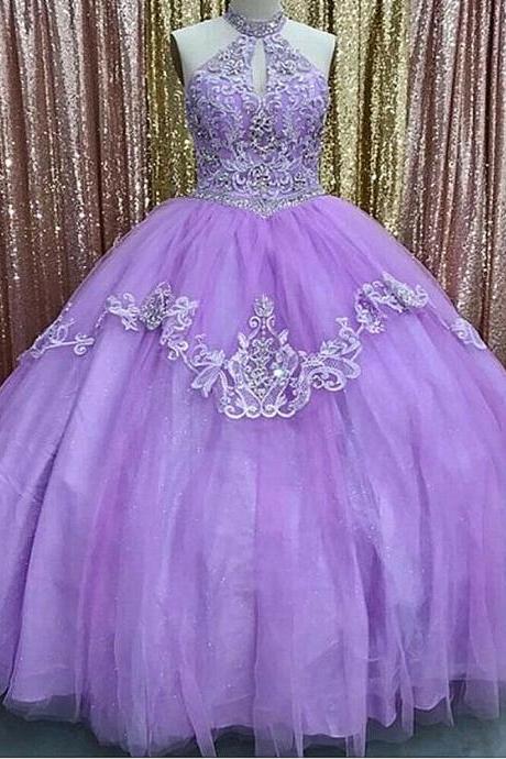 Lilac Halter Quinceanera Dresses Lace Appliques Beads Tulle Sweet 15 Ball Gown