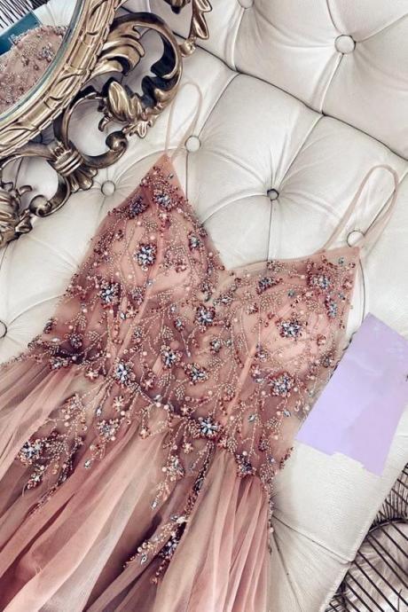 Straps A-line Rosegold Tulle Long Evening Dress With Beaded Bodice
