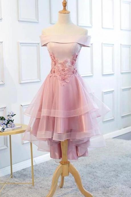 Lovely Off Shoulder Tulle Pink Layers Party Dress, High Low Party Dress