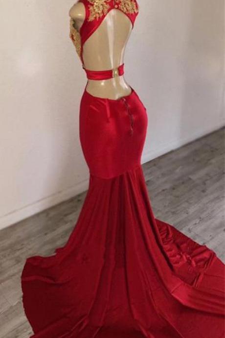 Mermaid Red V Neck Backless Gold Appliques Prom Dresses