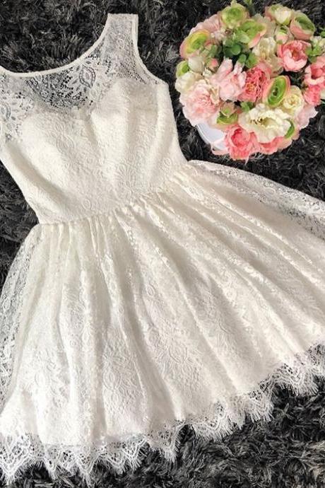 Jewel Lace Ivory Short Prom Dress, Ivory Lace Homecoming Dress