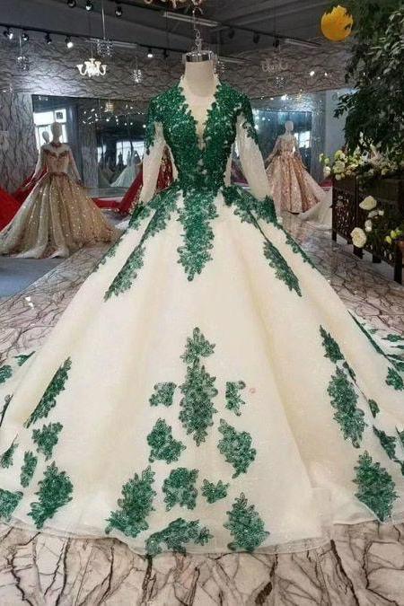 Chmapagne Ball Gown Tulle Green Lace Appliques Prom Dress
