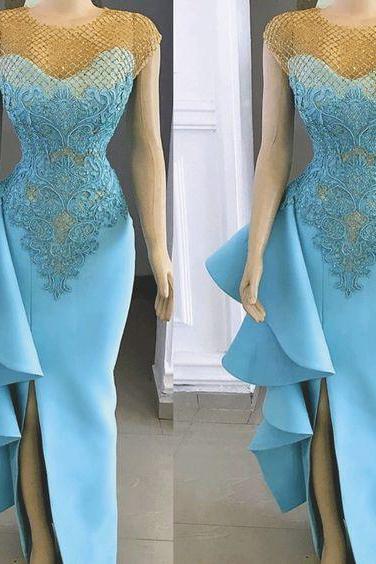 Blue Evening Dress, Lace Applique Evening Dress, Evening Dresses Long, Mermaid Evening Dress, Beaded Evening Dress