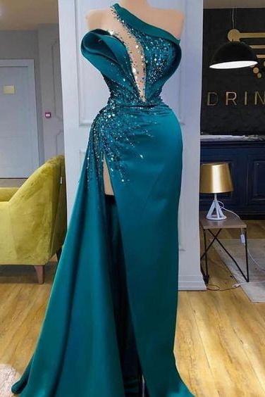 Teal Blue Beaded Evening Dresses Long One Shoulder Crystal Mermaid Modest Satin Elegant Evening Gown
