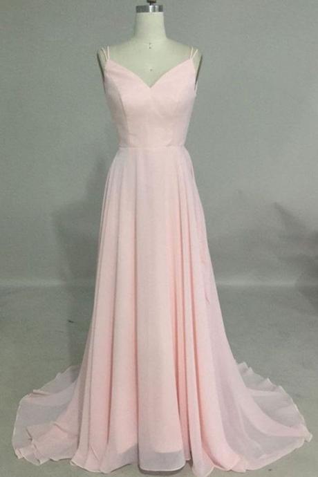 Simple V Neck Pink Long Prom Dress, Backless Pink Evening Dress