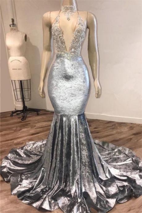 Black Girl Prom Dress Open Back Silver Velvet Prom Dresses | Mermaid Sexy V-neck Crystals Appliques Formal Evening Gowns