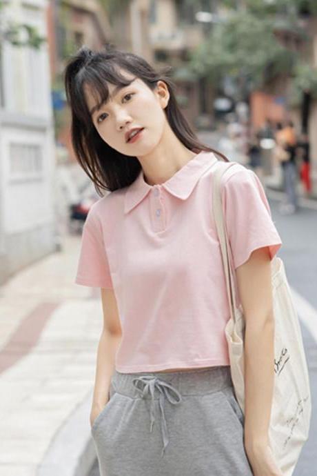 Cute Short Polo Neck High-waist Short-sleeved T-shirt