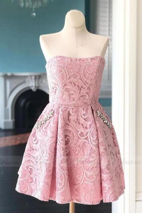 Strapless Pink Lace Homecoming Dresses With Pockets