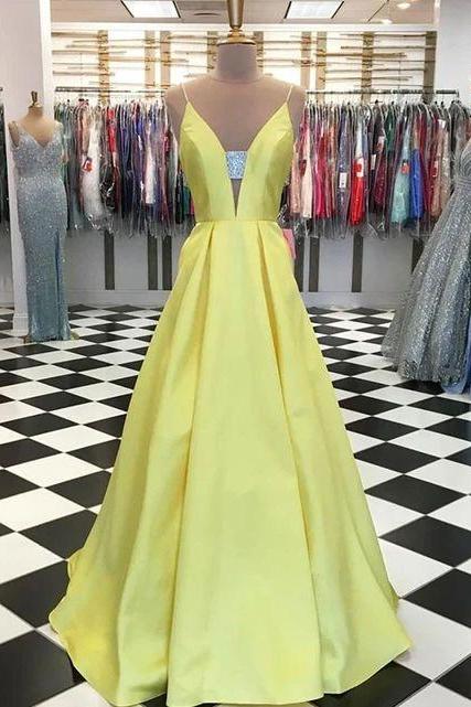 Yellow V Neck Satin Long Prom Dress, Yellow Evening Dress