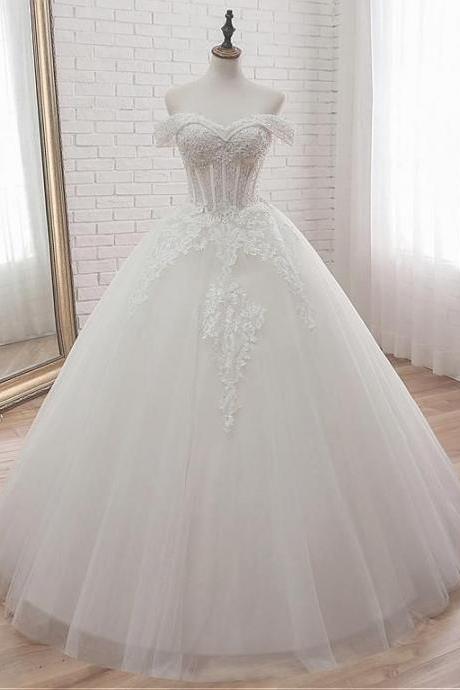 Magbridal Glamorous Tulle Off-the-shoulder Neckline Ball Gown Wedding Dress With Lace Appliques & Beadings