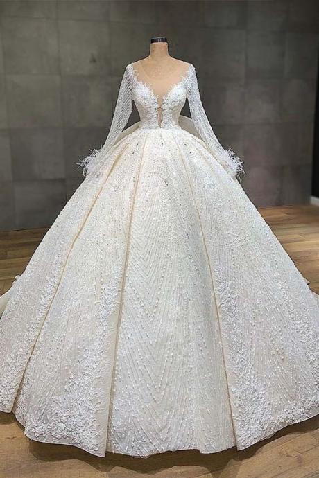 Illusion Long Sleeve Wedding Dress Luxury Beading Wedding Gowns
