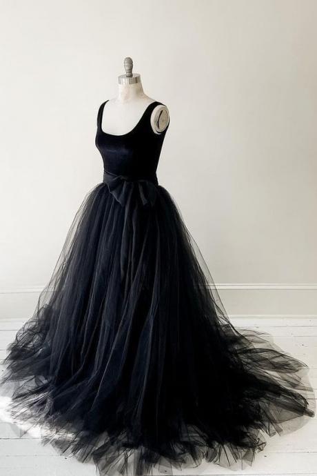 Black Velvet Tulle Prom Dresses With Bow Sash