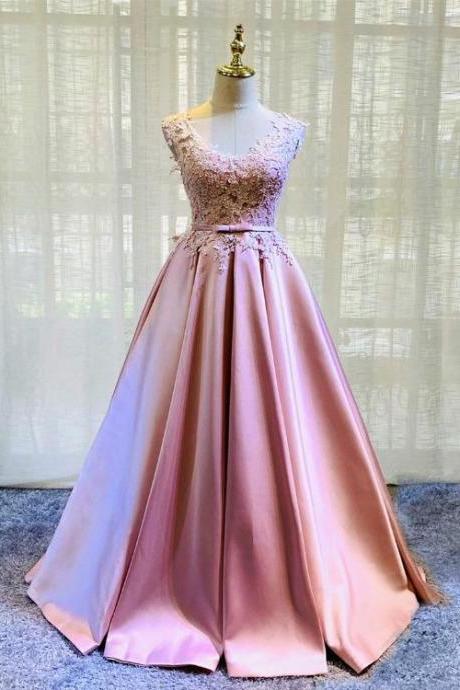 Pink Lace And Satin Floor Length Junior Prom Dress, Long Evening Dress Graduation Dress