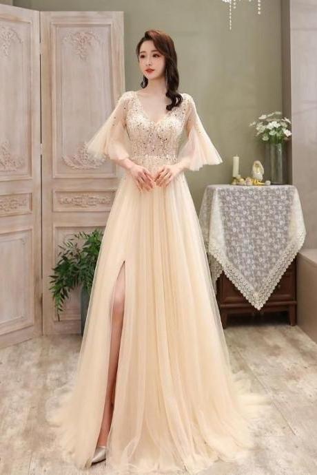Light Champagne Tulle Slit Beaded Long Prom Dress, Sexy A-line Sequins Formal Dress