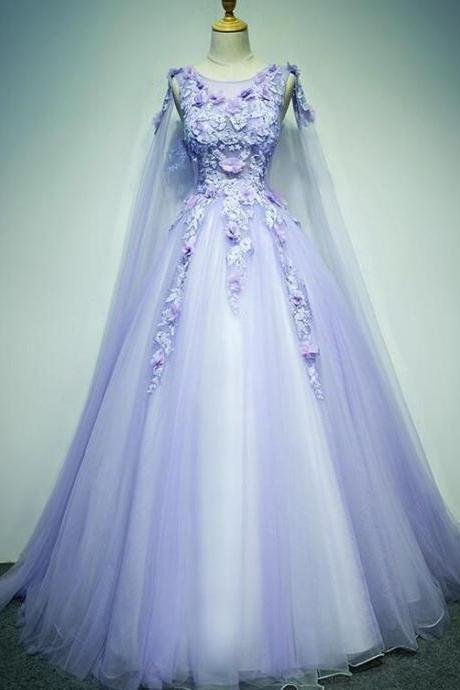Light Purple Charming Tulle Sweet 16 Gown With Lace,long Prom Dress