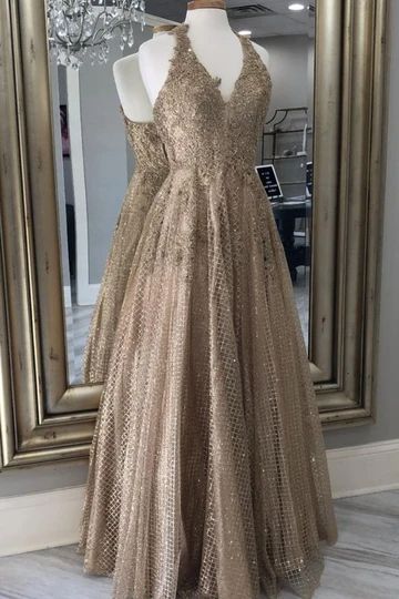 A-line Gold Halter Long Formal Dress Prom Dress