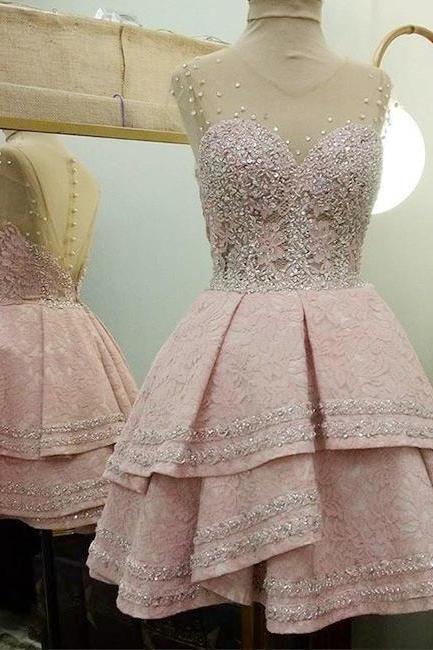 Pink A Line Lace Sequins Short Prom Dress, Homecoming Dress