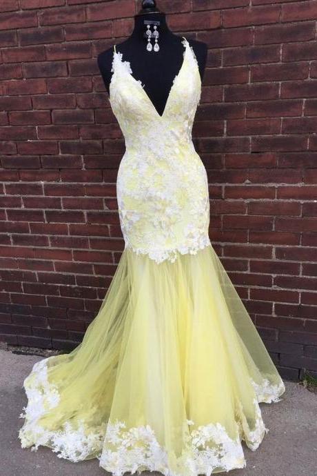 Deep V Neck Mermaid Prom Dresses With Lace Appliques