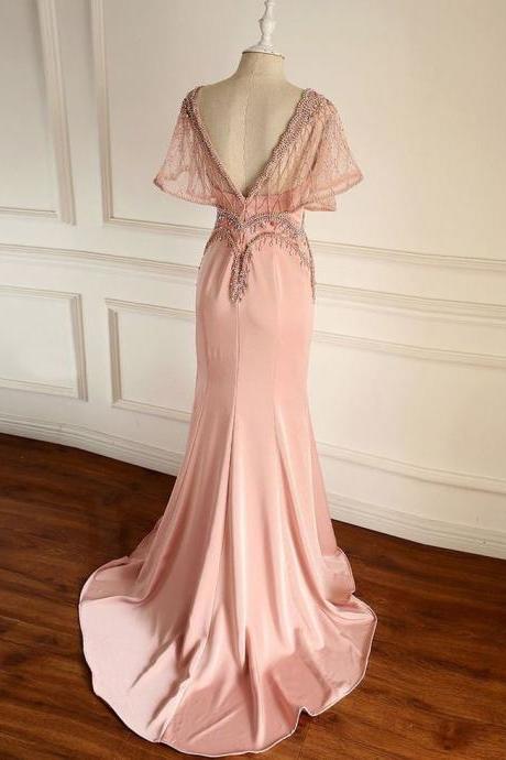 Chic V Neck Mermaid Long Prom Dress Pink Beaded Party Dress