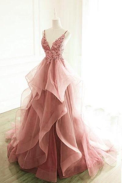 Dark Pink V-neck Tulle Lace Prom Dress,spaghetti Strap Prom Dress,ruffle A Line Formal Dress