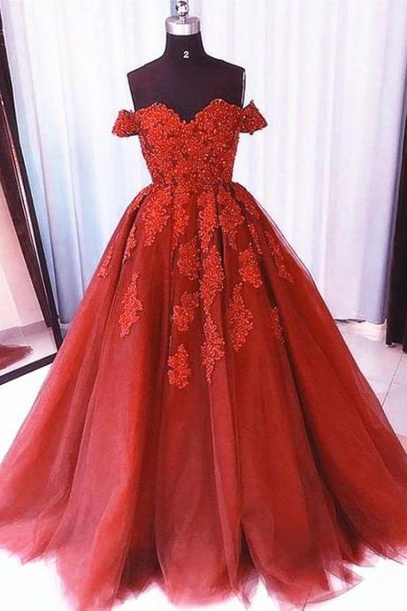 Dark Red Tulle Long Off Shoulder Beaded Lace Prom Dress, Red Sweet 16 Gown