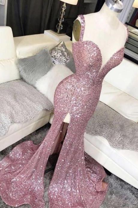 Pink Sequins Long Prom Dress Evening Dress
