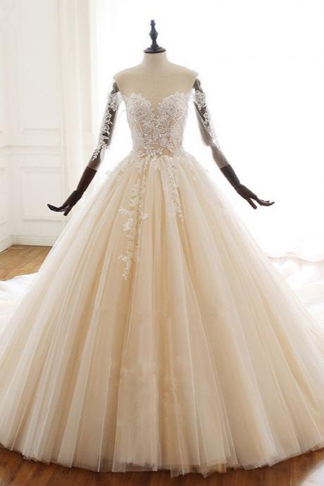 Champagne Tulle Wedding Dress Long Sleeves Appliques Bridal Gowns