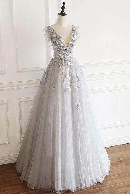Gray V Neck Tulle Lace Prom Gown Evening Dress