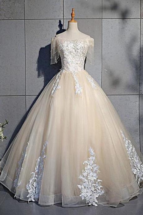 Champagne Tulle Cap Sleeve Long Formal Prom Dress With Lace